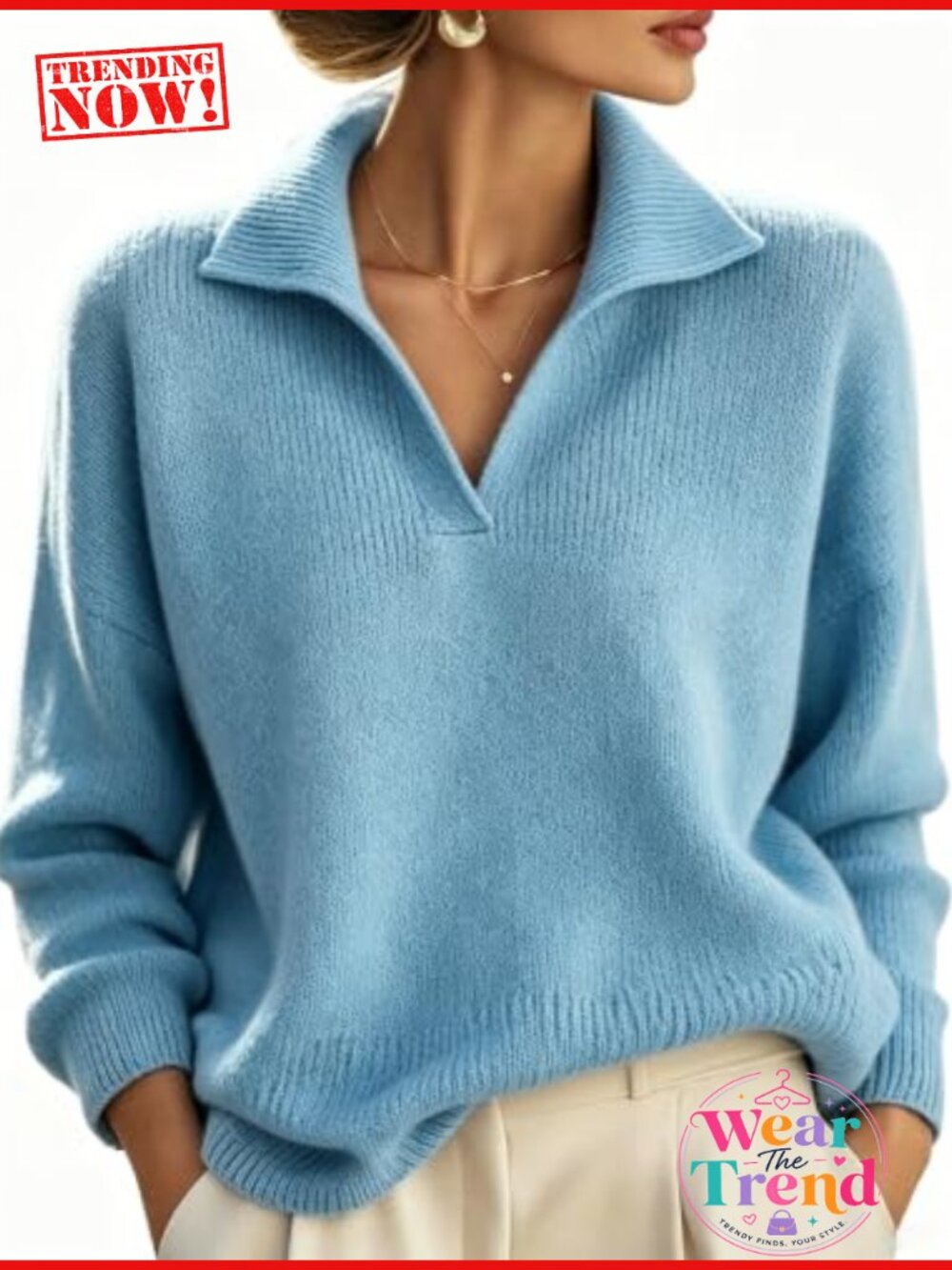 Polo V Neck Sweater Women Long Sleeve Collared Knit Pullover